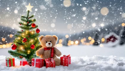 Fototapeten Ambiances de Noël. Petit ours en peluche et des paquets cadeaux au pied d'un sapin illuminé dans un paysage de neige  © Marc