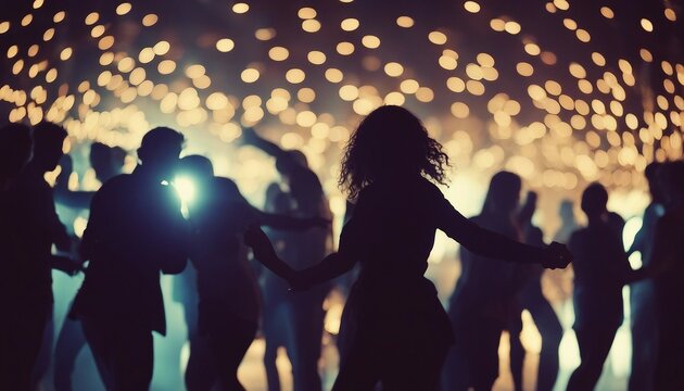 silhouettes of people dancing at a crowded party at midnight, colorful lights and smoke at background