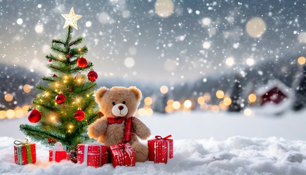 Ambiances de Noël. Petit ours en peluche et des paquets cadeaux au pied d'un sapin illuminé dans un paysage de neige
