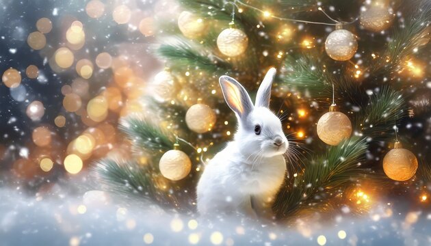 Cadeaux de Noël. Un petit lapin blanc au pied d'un sapin de Noël