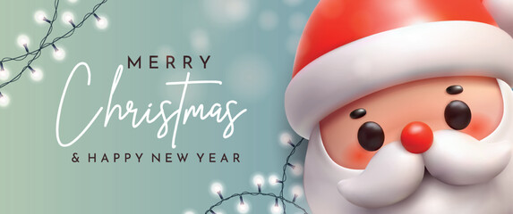 Christmas banner with cute toy Santa Claus head. New Year's garlands, 3D Santa on a blue background with free space for the inscription.