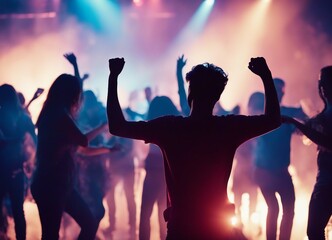 Fototapeta premium silhouettes of people dancing at a crowded party at midnight, colorful lights and smoke at background