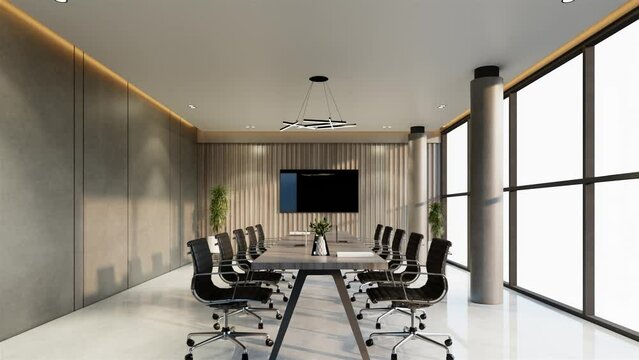 Modern conference interior animation and screens on the wall. The concept of workplace and enterprise. 3d Rendering illustration 