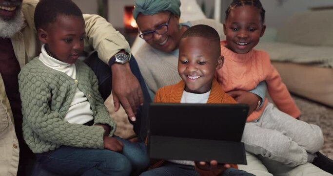 Children, tablet and grandparents or happy family at home watching movie or video for e learning. African woman, man and kids in lounge with technology for funny education, streaming or internet game