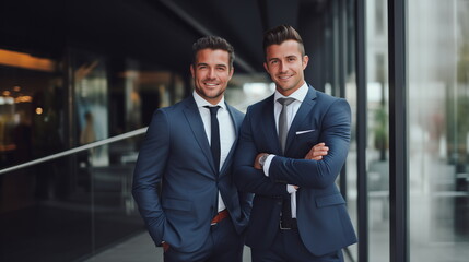 Naklejka na ściany i meble Business partners in suits pose, smile and success. Successful businessmen discuss a deal