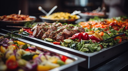Catering buffet meals in the restaurant with meat, salads and vegetables, various delicious dishes in the hotel