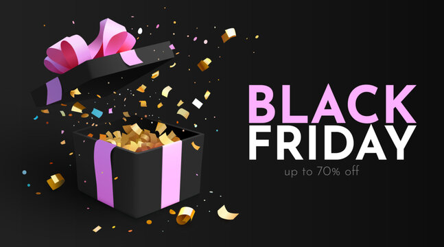 Premium black friday promo banner. Gift box with pink bow and confetti.