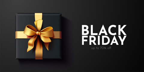 Premium black friday promo banner. Gift box with golden bow.