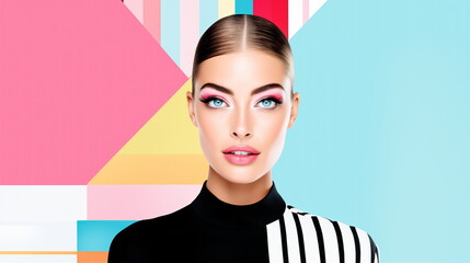 Beauty woman bright makeup, style of bold colorism, geometric shapes in bright fashion pop art...