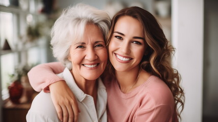 Lovely smiling happy elderly parent mom with young adult daughter two women together wearing casual clothes hugging cuddle kiss