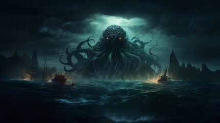 Mysterious monster Cthulhu in the sea, attack boat huge tentacles sticking out of the water, landscape - obrazy, fototapety, plakaty