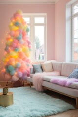 The pastel interior design of this living room bursts with colorful christmas decorations, as a vibrant tree stands tall beside a cozy couch adorned pillows furniture and walls exude a festive warmth