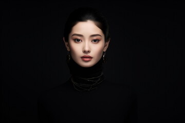 Portrait of an Asian young woman with black hair in a turtleneck on a black background. Minimalism art. Beauty face, evening makeup