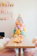 A whimsical pastel christmas scene filled with vibrant decorations, including a colorful tree, delicate candles, and miniature toys, adorns an interior wall, wonder in its playful design