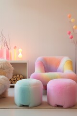 Fototapeta na wymiar A whimsical christmas wonderland, bursting with pastel hues and playful toys, invites you to sink into a colorful chair surrounded by stools adorned with vibrant decorations
