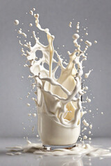 Splash of milk in a glass with splashes on a gray background