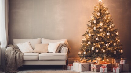 Christmas Tree and Gifts in Decorated Living Room.