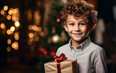 Happy fair-skinned boy standing in a room with a gift in his hands on Christmas. Cheerful fair-skinned schoolboy stands in a room with a present in his hands on Christmas.