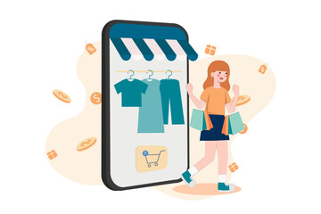 Woman carry shopping bags. online shopping in online shops. People buy fashion cloths in online shops. Shoppers buying on internet sale flat vector illustration.