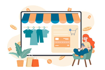 Naklejka premium Young woman sitting on a cozy couch with smartphone and purchasing fashion cloths, Payment Using Credit Card Pay On Mobile Phone. Online payment mobile for shopping online. vector illustration.