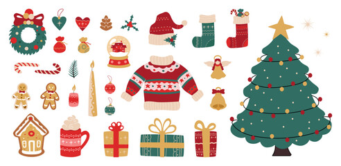 Merry Christmas design elements, sticker pack with traditional Christmas holiday signs and symbols, fir tree, gifts, socks, gingerbread sweets, warm clothes and other. Vector decorative illustration.