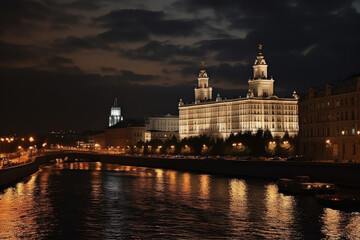 View of a historical building with towers at night.