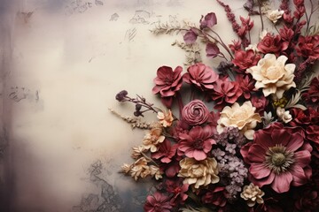 Realistic Flower Bouquet Border on Textured Beige Paper. Vintage Style Backdrop.