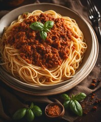 Delicious Italian spaghetti with bolognese at restaurant