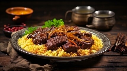 The national Saudi Arabian dish beef kabsa with rice mandi,western arabic food , yemeni food. beef with rice.  - obrazy, fototapety, plakaty