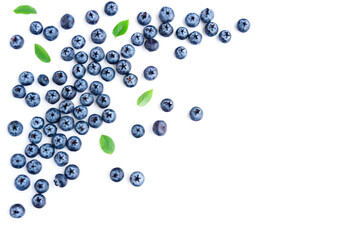 Fresh ripe blueberry fruits with green leaves  isolated on white background, Fresh Fruit, Healthy Fruit