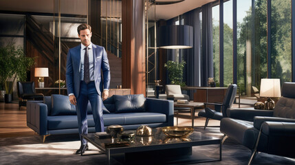 A man in a well-fitted blue suit stands in a luxurious, modern living space with large windows overlooking the trees - obrazy, fototapety, plakaty