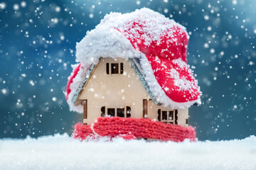 A wooden toy house in the snow in winter is covered with a hat and wrapped in a scarf. The concept...