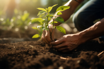 Man plants young plant, seedling or tree in the ground - reforestation or climate change project, focus on hands