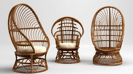 Three rattan chairs with white cushions on a light gray background