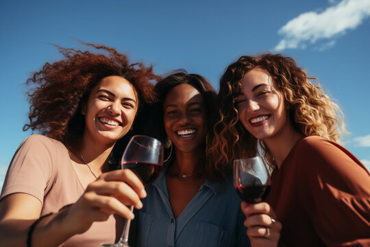 three young women drink red wine from wine glasses and smile into the camera - theme alcohol, celebrations and lifestyle
