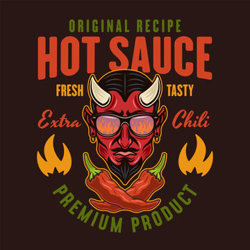 Hot sauce vector emblem, label, badge with devil head in colored style on dark background