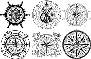 Compass wind roses with anchor rope knot steering boat wheel nautical vector elements collection - obrazy, fototapety, plakaty