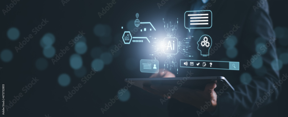 Poster ai tech, business person chatting with a smart ai using an artificial intelligence chatbot developed
