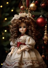 beautiful 19th century doll sitting under a christmas tree - ai-generated