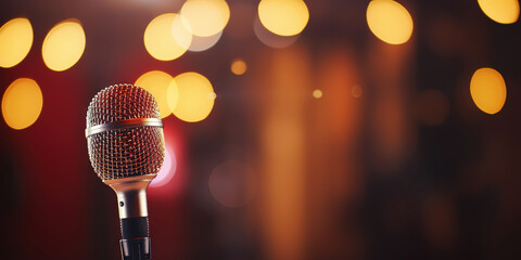 Closeup of retro microphone on stage with a bokeh light backdrop. Karaoke or concert concept. Generative AI