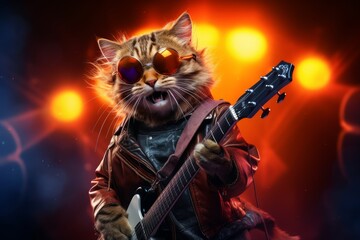 Cat rock star with guitar on stage, neon background. 
