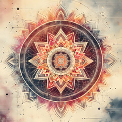 Fototapeta na wymiar Abstract Mandala Graphic Design and Watercolor Digital Art Painting for Ancient Geometric Concept Background