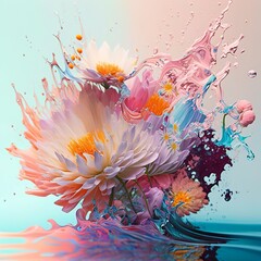 Colourful flowers in splashes in colourful water. Spring gentle pastel theme blurred bouquet splashes watercolor oil paint beautiful liquid in vase art painting gerbera lilac lily Generative AI 