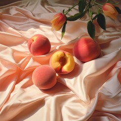 Peaches on the bed by the window. Very juicy peachy morning, with aphrodisiac association. Sexy photo.