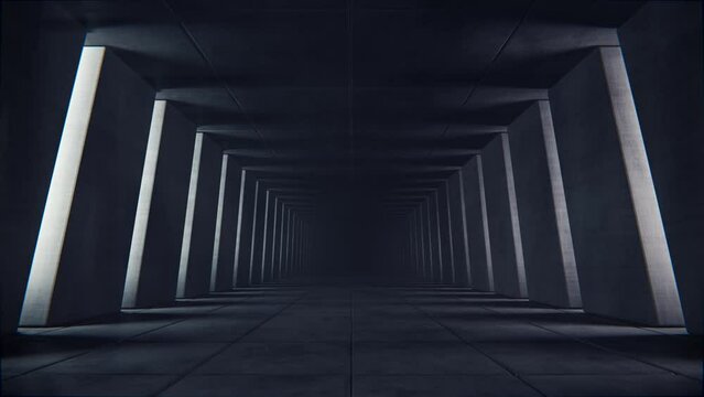 Seamless loop motion graphic of flying into concrete tunnel