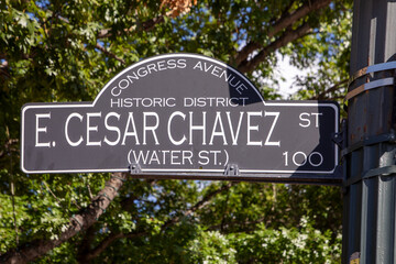street sign congress avenue e. cesar chavez at the water street in Austin, Texas, historic district