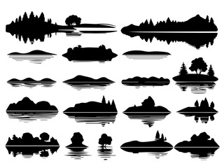 set of silhouettes of lake icons , black and white , nature vector