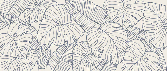 Tropical leaf line art wallpaper background vector. Natural monstera and banana leaves pattern design in minimalist linear. - obrazy, fototapety, plakaty