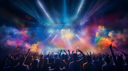 New Year concert crowd with colorful stage lights - obrazy, fototapety, plakaty