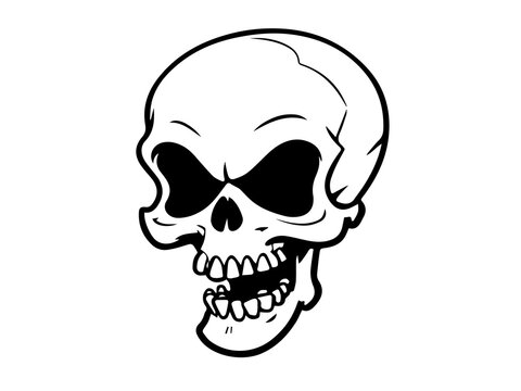 Cartoon skull portrait , Black and white drawing ,minimalistic ,  flat color vector style image 